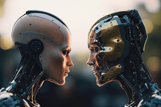 Zwei Android-Roboter treffen sich. Zwei Roboter schauen sich gegenseitig in die Augen