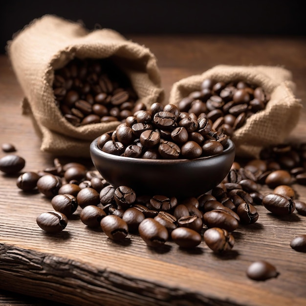 Zwei Ansicht von Kaffeebohnen isoliert auf Holztisch Ai Generated