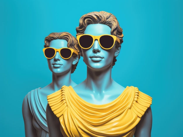 Zwei antike Geek Büste Statue von Mann und Frau tragen Sonnenbrille Modestil