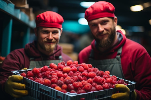 Zwei Arbeiter halten eine Kiste mit Himbeeren in einem Lager für Agrarunternehmen