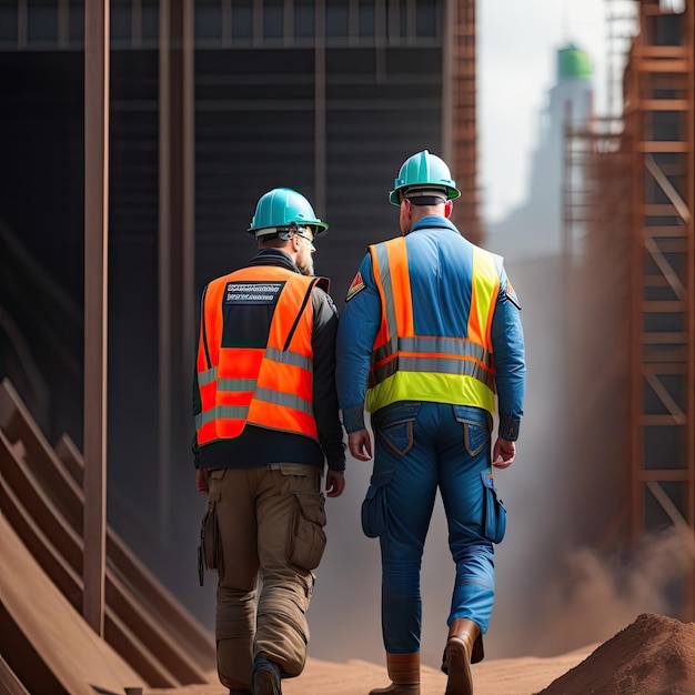 Zwei Arbeiter in Uniform auf einer Baustelle