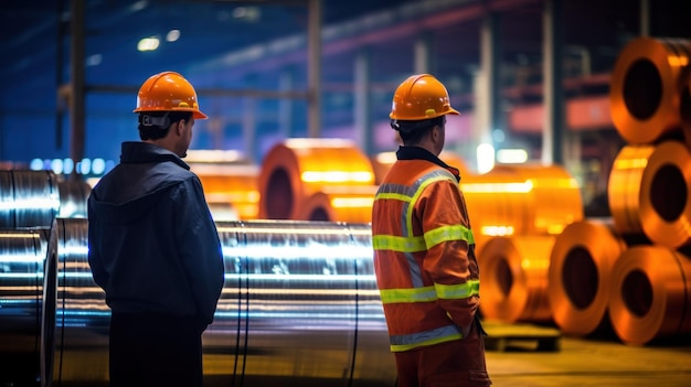 Zwei Arbeiter überprüfen Metallrollen im Fabriklager