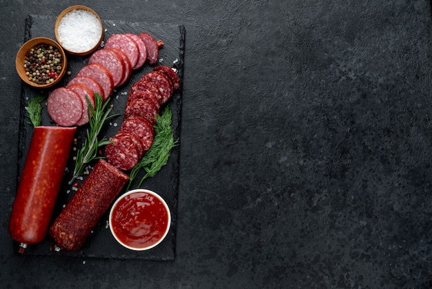 Zwei Arten von Salami-Würstchen mit Gewürzen auf einem Steinhintergrund