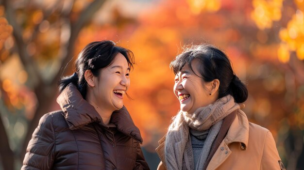 Zwei asiatische Frauen lachen und lächeln im Park