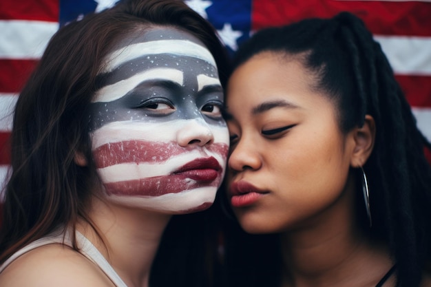 Zwei asiatische Frauen lehnen sich Wange an Wange und haben eine amerikanische Flagge auf ihre Wangen gemalt