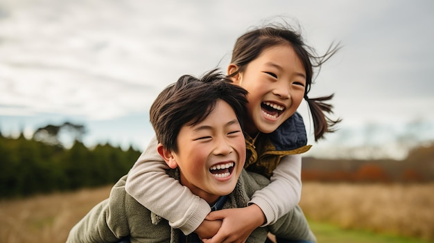 Zwei asiatische Kinder spielen an einem sonnigen Tag glücklich auf einem Feld