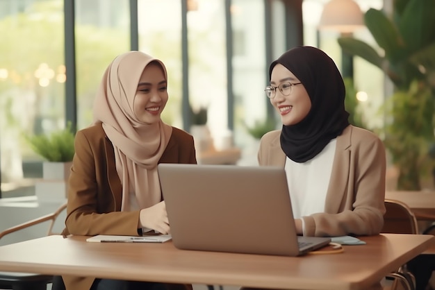 Zwei asiatische muslimische Geschäftsfrauen, die einen Laptop und ein Tablet verwenden, um zusammen im Büro zu arbeiten.