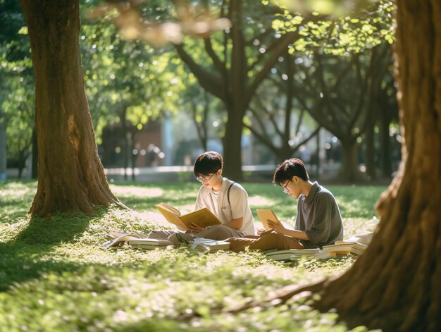 Zwei asiatische Studenten lesen im Park