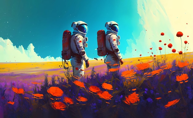 Foto zwei astronauten auf dem planeten in einem feld mit blumen und schmetterlingen. fantastische posterillustration, generiert in ai