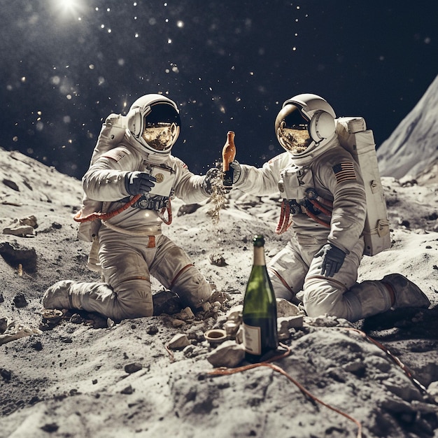 Zwei Astronauten feiern eine Silvesterparty auf dem Mond. Generative KI