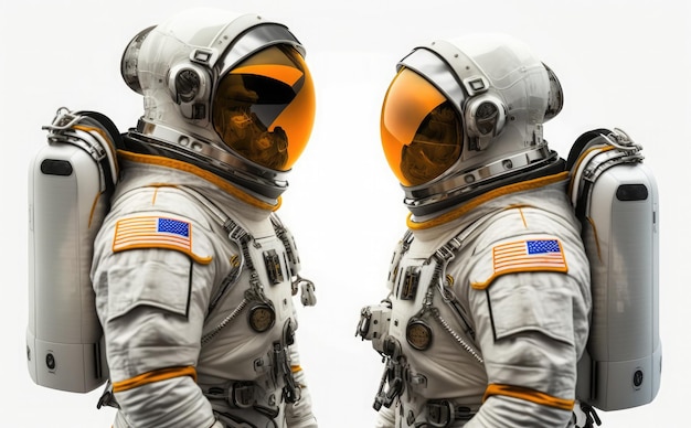 Zwei Astronauten in Raumanzügen, einer trägt ein weißes Hemd und der andere einen Helm.