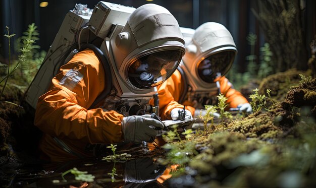 Foto zwei astronauten in raumanzügen stehen zusammen