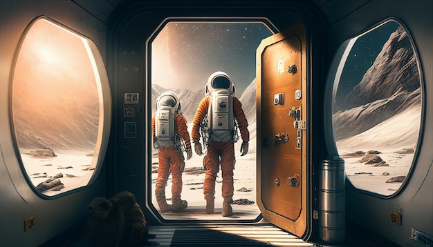Zwei Astronauten stehen in einer Tür und blicken auf einen Planeten