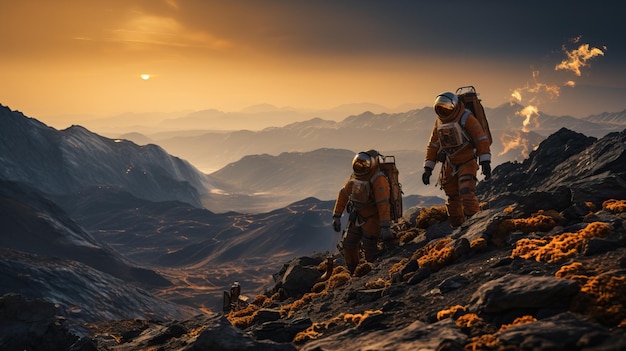 Zwei Astronauten steigen einen Berg hinauf