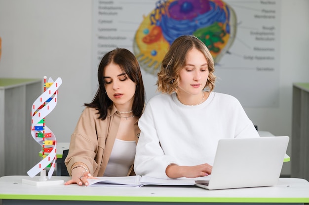 Zwei attraktive Highschool-Schülerinnen sitzen am Schreibtisch mit Laptop und Notebook DNA-Spiralmodellkarte im Hintergrund schauen konzentriert nach unten und studieren
