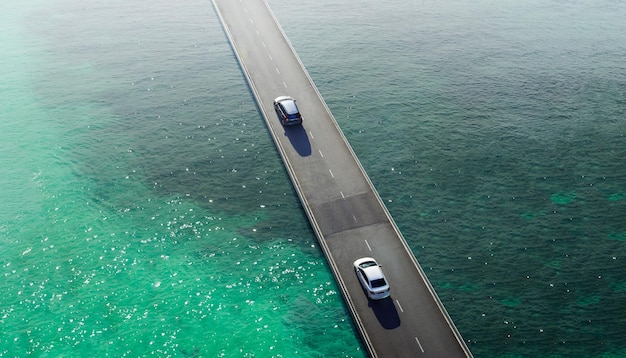 Zwei Autos fahren auf der Überführungsbrücke am Meer vorbei Luftaufnahme