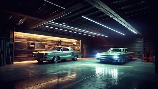 Zwei Autos in einer Garage mit eingeschaltetem Licht und eines mit der Aufschrift „Geschwindigkeitsbegrenzung“