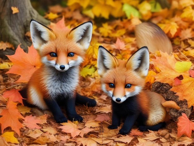 Zwei Babyfüchse, die im Herbstlaub sitzen, wurden von der KI erzeugt