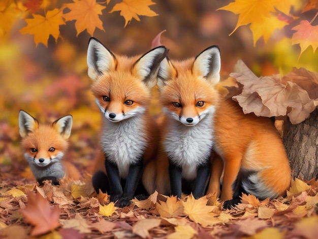 Foto zwei babyfüchse, die im herbstlaub sitzen, wurden von der ki erzeugt