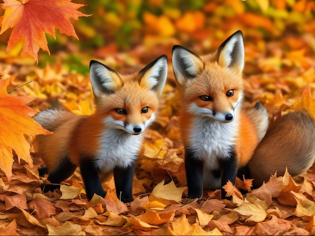 Foto zwei babyfüchse, die im herbstlaub sitzen, wurden von der ki erzeugt