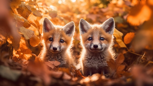 Zwei Babyfüchse sitzen in Herbstblättern. Generative KI
