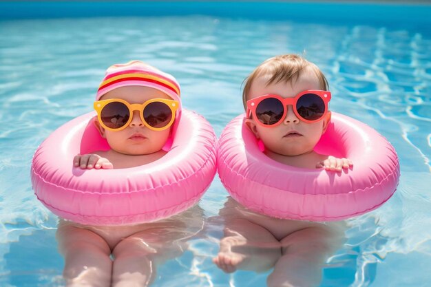 Foto zwei babys mit rosa schutzbrillen sitzen im wasser