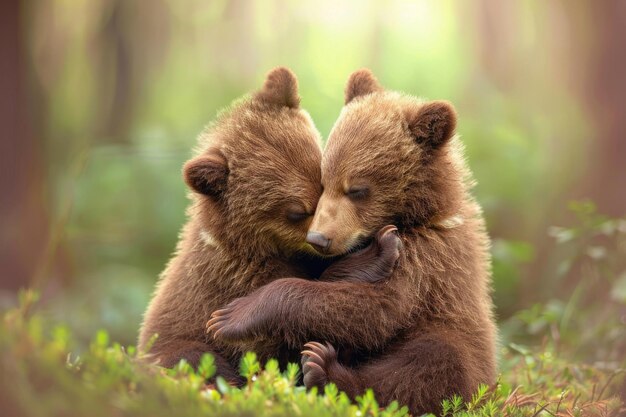 Foto zwei bärenjungen, die sich in der wildnis kuscheln