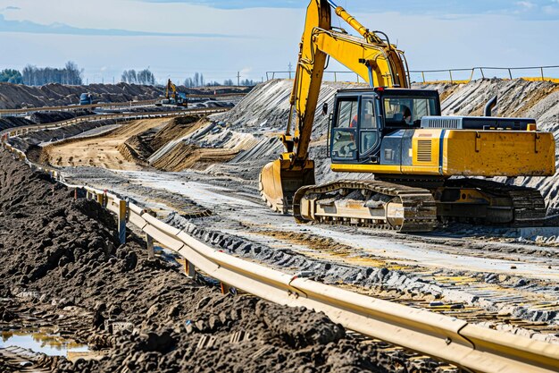 Zwei Bagger graben den Boden auf der Baustelle auf dem Himmel mit Sonnenstrahlen im Hintergrund mit Eimer-Aufzug