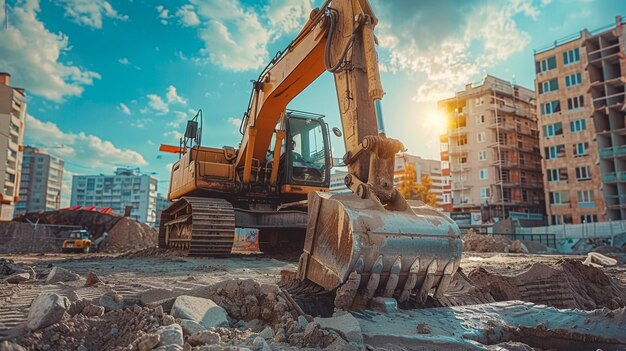 Zwei Bagger graben den Boden auf der Baustelle auf dem Himmel mit Sonnenstrahlen im Hintergrund mit Eimer-Aufzug