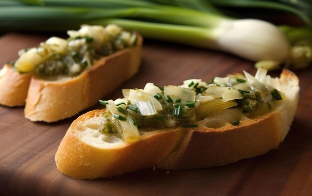 Zwei Baguettescheiben auf einem Holztisch mit Frühlingszwiebeln