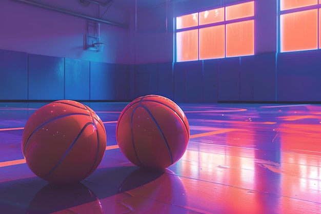 Zwei Basketballspiele auf einem Indoor-Platz bei Sonnenuntergang, lebendige Farben, Sportthema, leeres Fitnessstudio, Ende der Spielszene, zeitgenössischer Fotostil, KI.