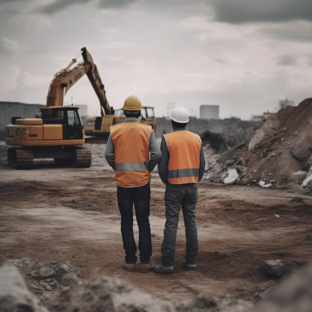 Zwei Bauarbeiter mit Helmen stehen da und schauen den Baggern zu, die den Boden ausgraben