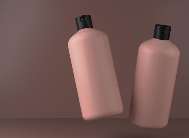 Zwei beige Plastikshampooflaschen, die auf Studiohintergrund 3D schwimmen, rendern