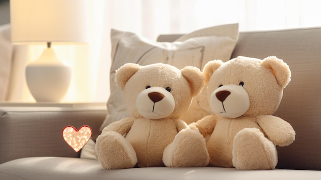 Zwei beige Teddybären mit einem Herzen in einem gemütlichen Wohnzimmer