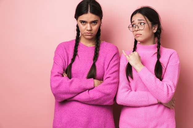 Zwei beleidigte Mädchen im Teenageralter mit Zöpfen in Freizeitkleidung, die mit verschränkten Armen isoliert über rosa Wand stehen?