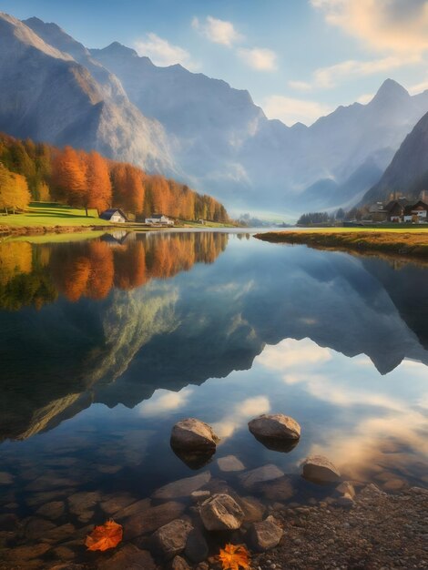 Zwei Berggipfel spiegeln sich in der ruhigen Oberfläche des Seewassers. Bunte Herbstansicht