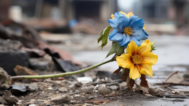 Zwei blaue und gelbe Blumen sitzen auf dem Boden vor einem Trümmerhaufen