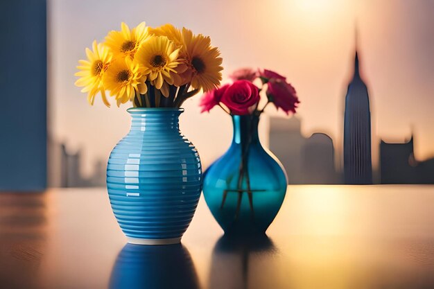 zwei blaue Vasen mit gelben Blumen darin, eine mit der Stadt im Hintergrund