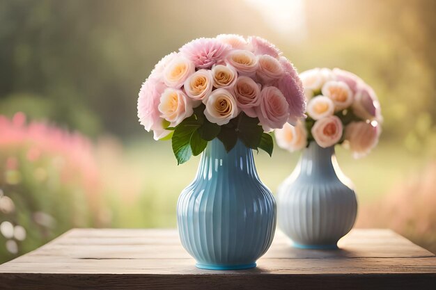 zwei blaue Vasen mit rosa und gelben Blumen auf einem Tisch.