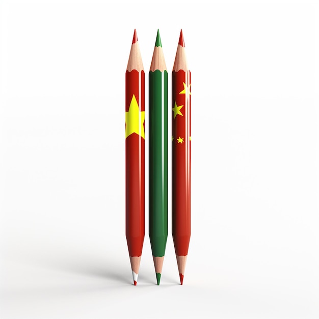 Zwei Bleistifte mit politischen Flaggen Chinas und Pakistans auf weißem Hintergrund