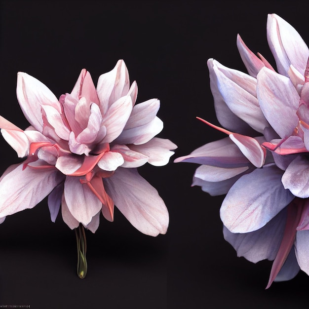 Zwei Blumen sind auf einem schwarzen Hintergrund dargestellt.