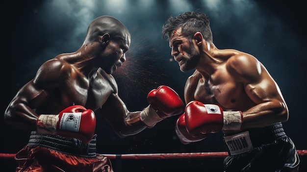 Zwei Boxer kämpfen auf dem Ring, Schweiß spritzt im Hintergrund, generative KI.