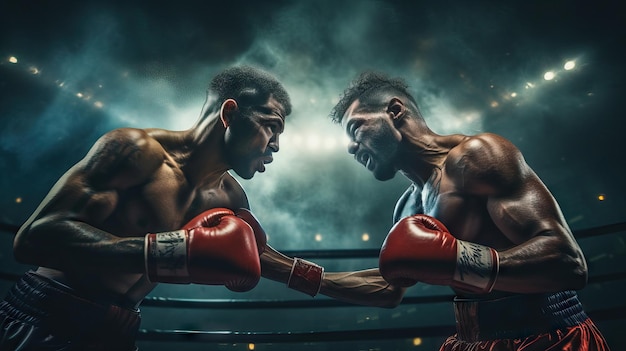 Foto zwei boxer kämpfen im boxring. filmische lichter beleuchten den wichtigsten moment des ko-konzepts