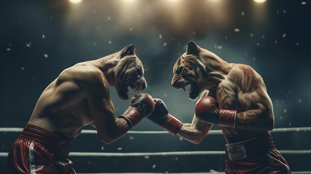 Foto zwei boxer kämpfen in einem ring mit einem licht, das auf den hintergrund fällt