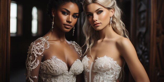 Zwei Bräute in luxuriösen weißen Kleidern schauen sich an. Hochwertige generative KI für Fotos