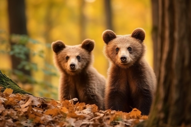 zwei braune Bären stehen nebeneinander in einem Wald