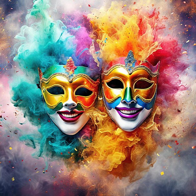 zwei bunte lächelnde Karnevalmasken in einer Explosion von Farben und farbigen Rauch