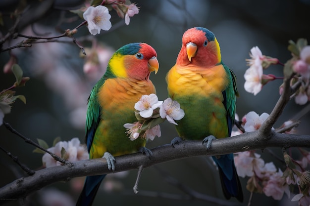 Zwei bunte Vögel sitzen auf einem Ast mit Blumen im Hintergrund