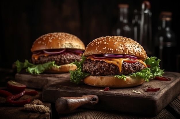 Zwei Burger auf einem Holzbrett mit roten Zwiebeln und Ketchup