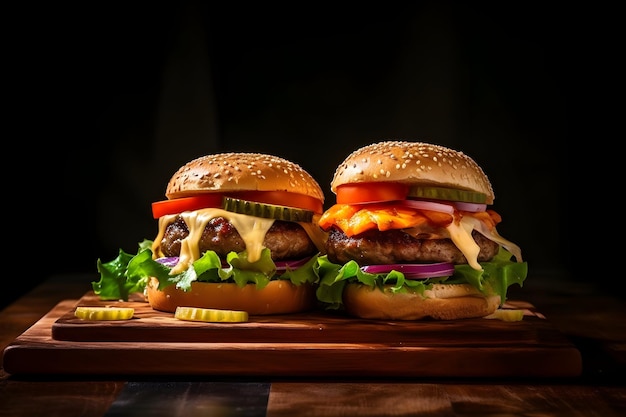 Zwei Burger mit Käse darauf, einer mit einer Tomatenscheibe, der andere mit einer Zwiebelscheibe.